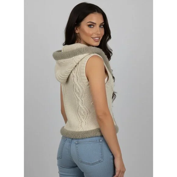 Vtg Y2K Old Navy Cream Cable Knit Faux Shearling Trim Hooded Boho Sweater Vest L - Picture 7 of 16